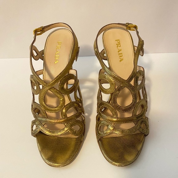Prada Gold Cage Strap Dress Heels Size 39 - Picture 3 of 11